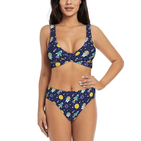 Zeuib Astronaut Corgi High Waisted Tummy Control Bikini Set - Knot Front Push Up Top & Cheeky Thong Bottom  Two-Piece Swimsuit for Women-XX-Large