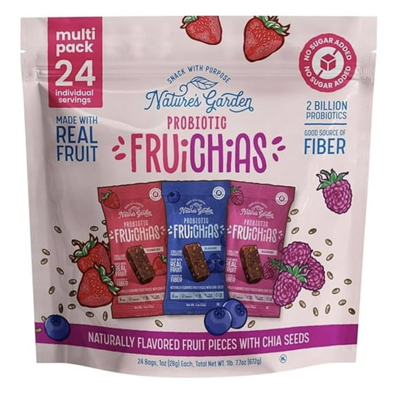 Nature's Garden Probiotic Fruichias Variety Pack - 24 Pack x 1oz, Probiotic Fruit Snack with Chia Seeds, Strawberry, Blueberry, Raspberry , No Sugar Added, Made with Real Fruit