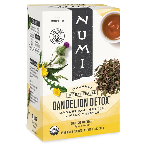 Numi Organic Caffeine Free Dandelion Detox Herbal Tea, 16 Count Microplastic Free Tea Bags