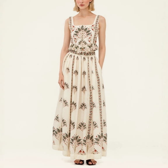Women's Floral Two Piece Skirt Set, Ruffle Trim Sleeveless Top and Maxi Skirt