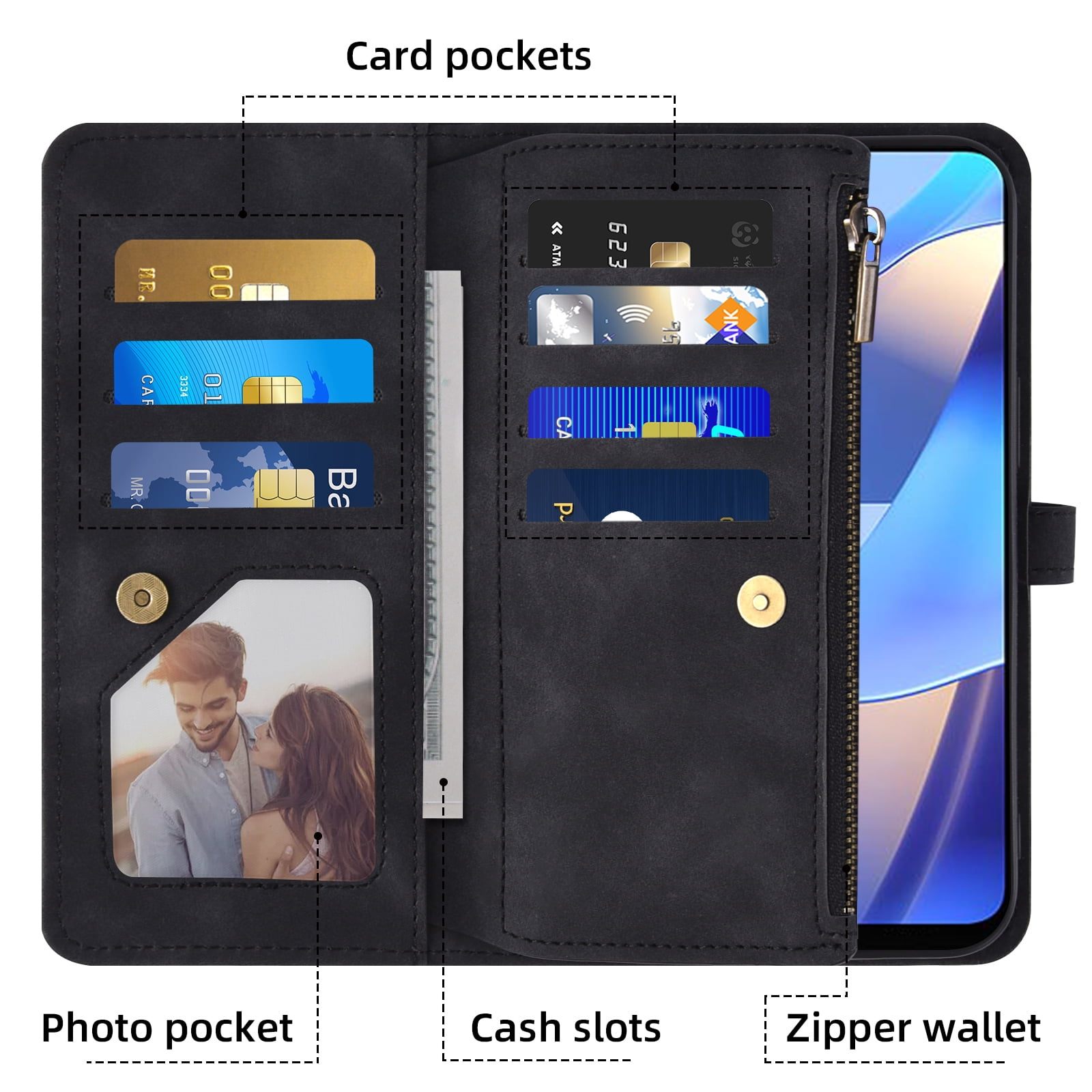 Asuwish Phone Case for Samsung Galaxy A16 5G/4G Wallet Cover With Tempered Glass Screen Protector Crossbody Wrist Strap Flip Pattern Zipper Credit Card Holder Stand Cell A 16 16A SM-A166U Women Black