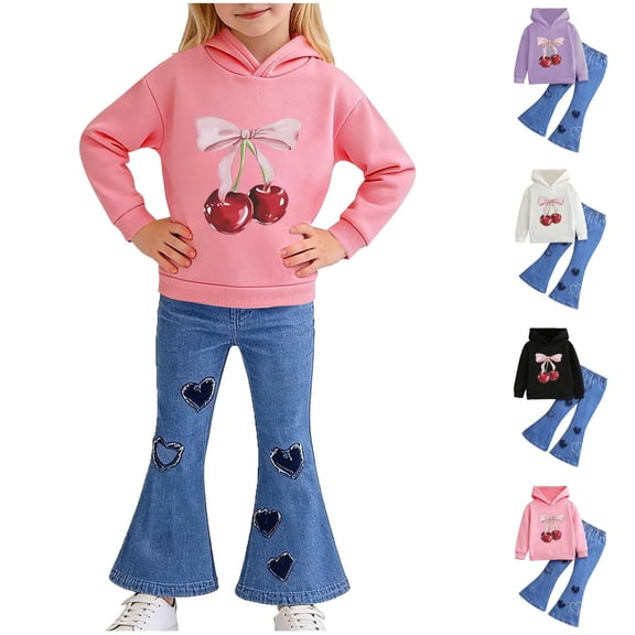 SGFCWSX Girls 2-Piece Outfit, Graphic Hoodie and Heart Flared Denim Jeans, Trendy Casual Daily Clothing Set for Kids Pink Size 5-6 Years