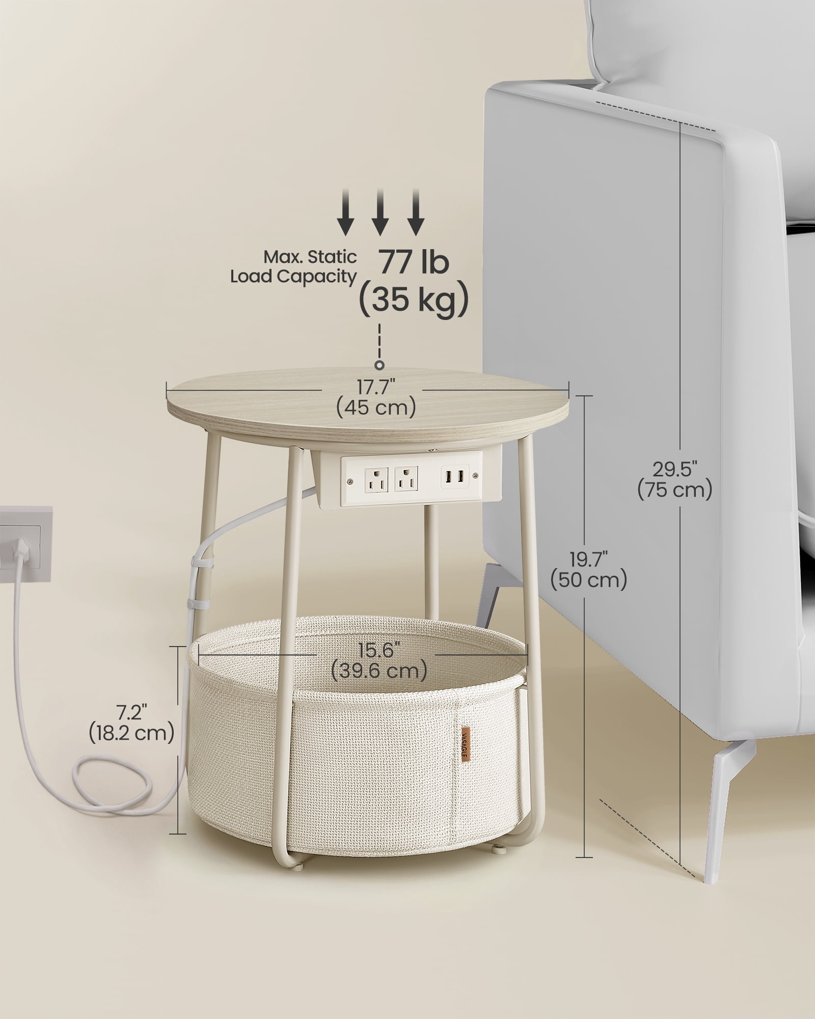 VASAGLE LILEA Collection - Side Table with Charging Station, Round End Table with Fabric Basket, Nightstand with USB Ports, for Living Room, Bedroom, Modern, Cream White