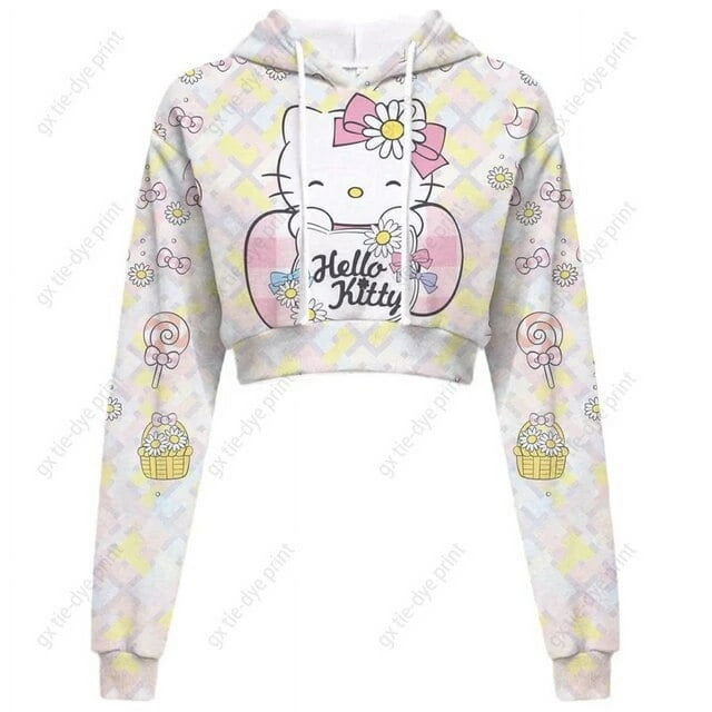 Hello Kitty Chandail en Molleton Court à Manches Longues pour Femmes, Motif, Chandail Noir, Chandail à Capuchon de Mode pour Femmes