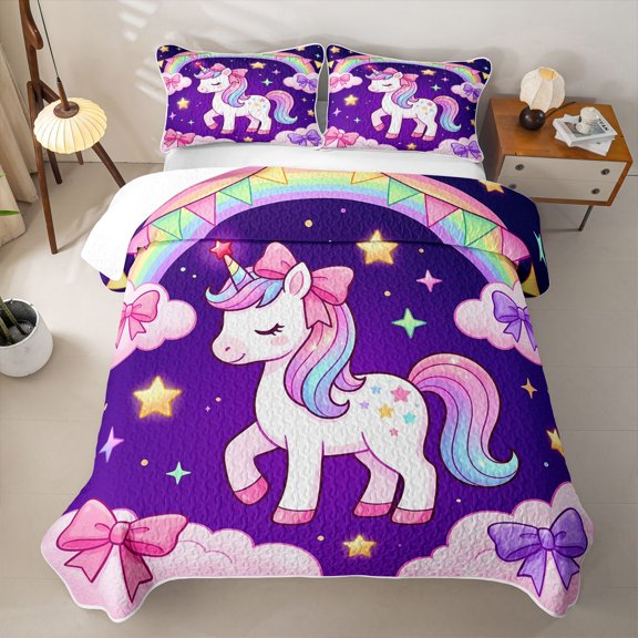 Erosebridal Kawaii Unicorn Kids Twin Quilt Set,Cute Bowknot Kawaii Stars Rainbow Twin Coverlet Set For Girls,2-Piece