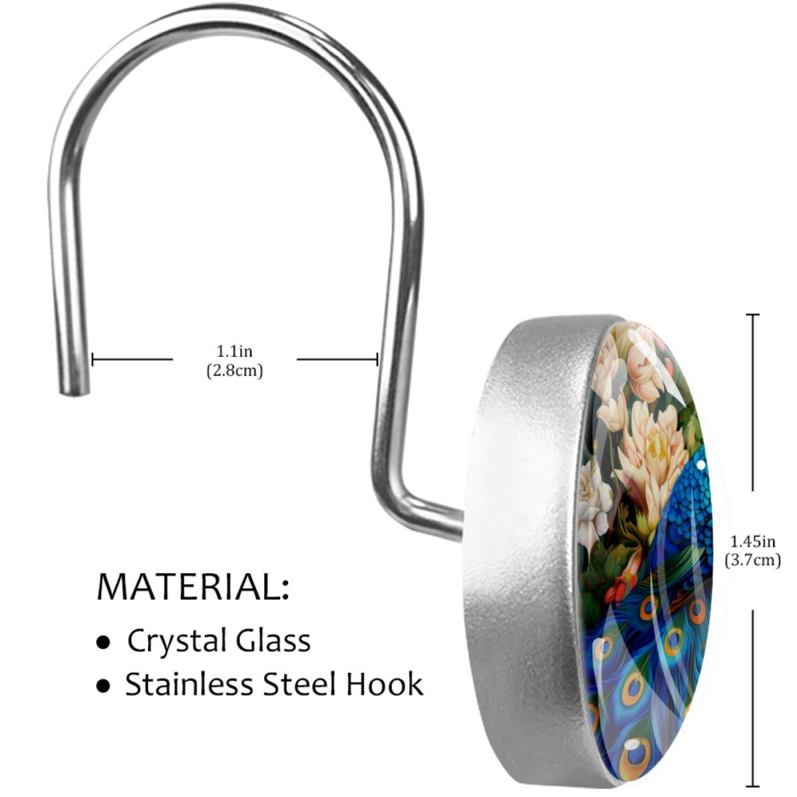 Peacock Shower Curtain Hooks （Set of 12） for Home Hotel Shower Rods Bathroom Crystal Glass Print Stainless Steel Round Curtain Hooks