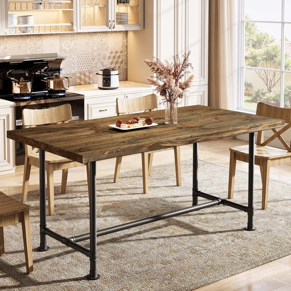 Finmind Industrial 63" Dining Table for 4-6, Rectangular Wood Kitchen Table with Metal Footrest, Vintage Brown