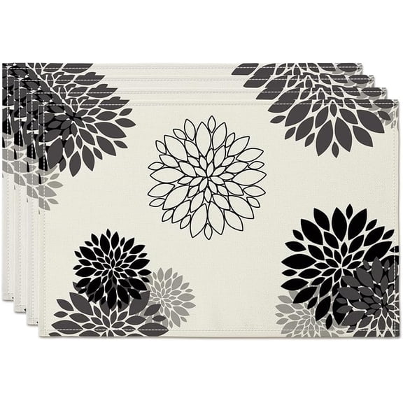 Black Placemat Dahlia Pinnata Flower Beige Burlap Waterproof Rectangular Place Mats Set of 4 Modern Washable Farmhouse Table Top Decor for Kitchen Dining Home Party Indoor Outdoor 12 x 18 Inch