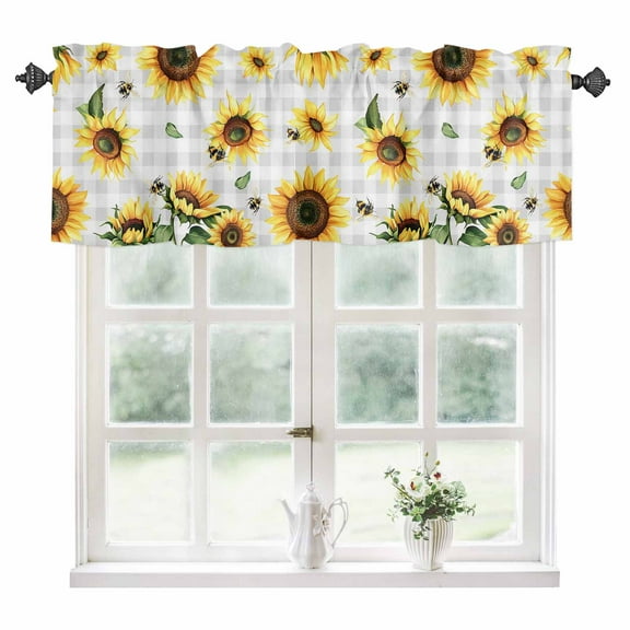 Sunflower Kitchen Valances for Windows 60x18 Inch Kitchen Curtains Valances Rod Pocket Farmhouse Grey Buffalo Check Floral Bee Bathroom Window Valances for Window Treatment Decor