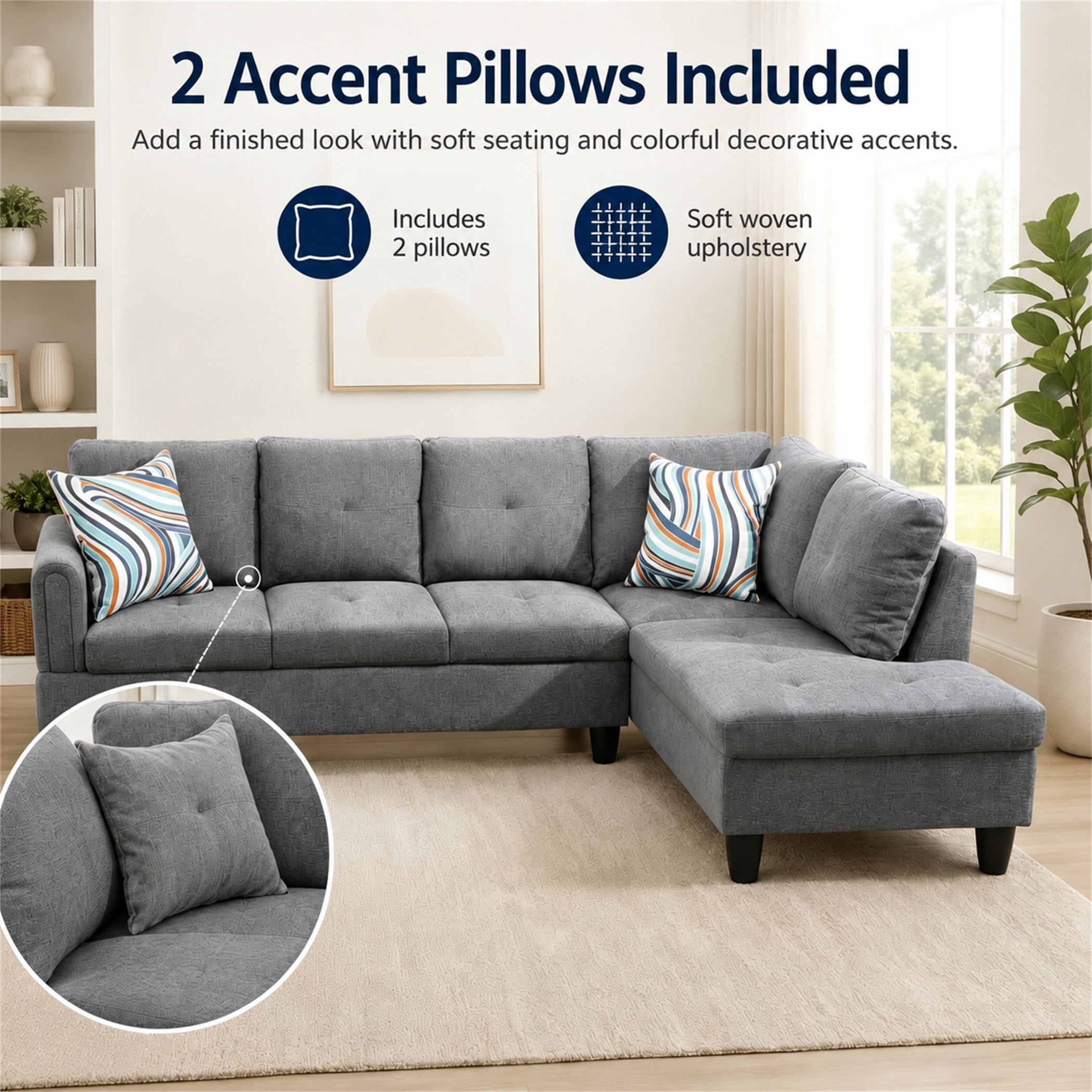 Aukfa 97" Classic Sectional Sofa 4 Seat L shape Couch with Oversized Right Chaise for Living Room, 2Pillows, Linen, Gray