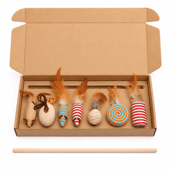 Cat Toy 7-Piece Gift Set with Wand, Mice, Feather Teaser, Interactive Catnip Toys