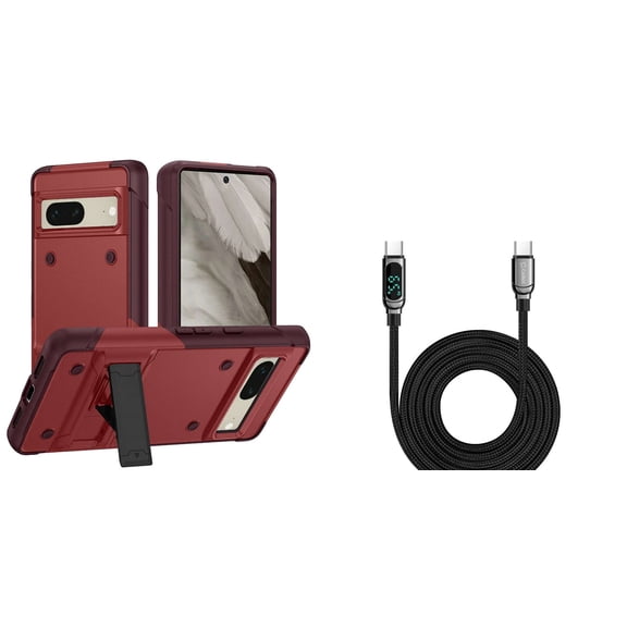 BEMZ Rugged Impact Resistant Kickstand Armor Case (Red) with Digital LED Display Fast Charging USB-C to USB-C Cable (3.3 Feet) for Google Pixel 7a