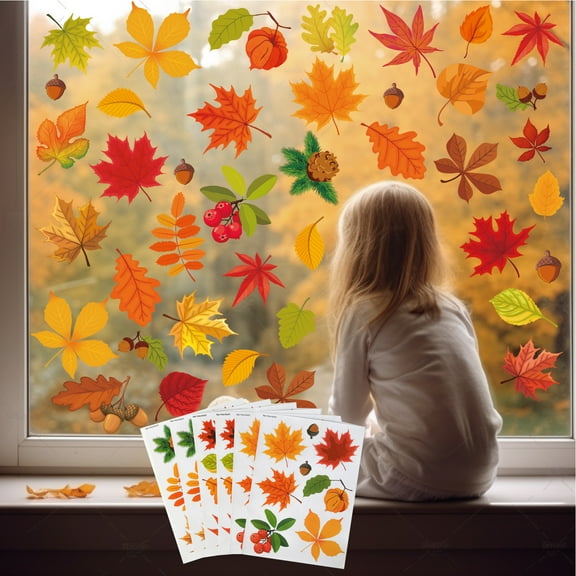 6 Sheets Fall Window Decals, 64 Autumn Leaves Stickers with Maple Leaf, Peel and Stick Vinyl Wall Sticker Kids Room Nursery