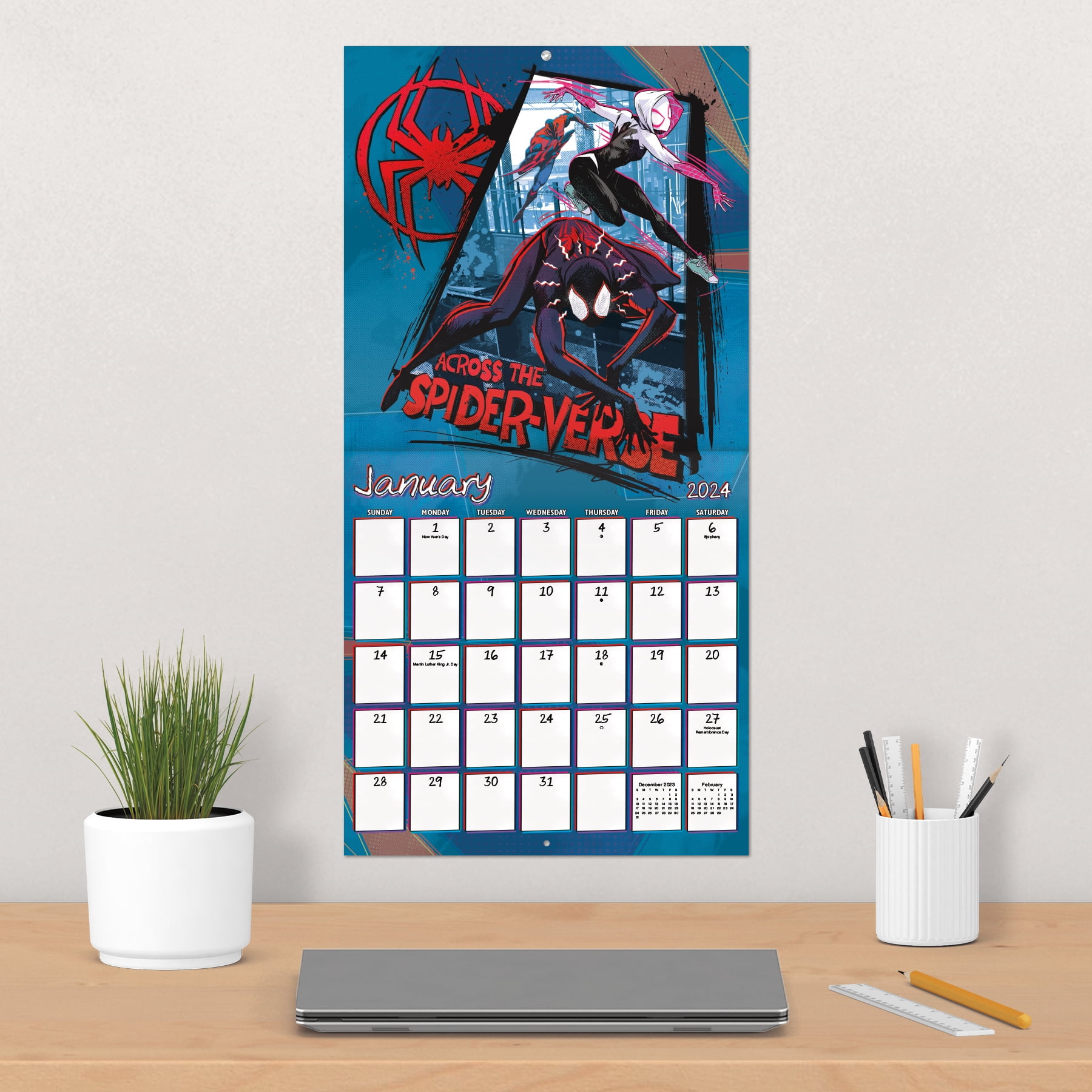 Trends International 2024 Marvel Spider-Man: Across the Spider-Verse Wall Calendar & Push Pins