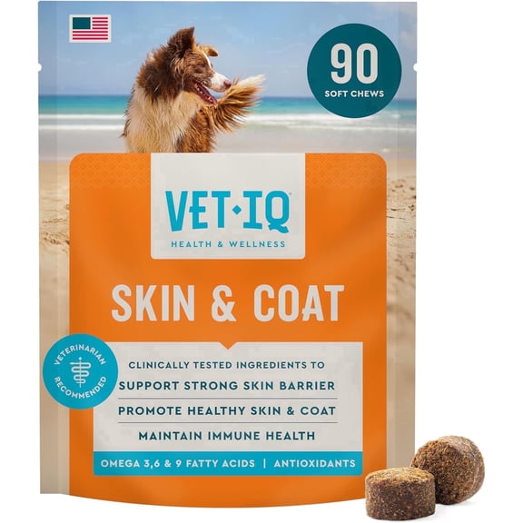 VetIQ Skin and Coat Supplement for Dogs, Helps Maintain Healthy Skin and Shiny Coat, Hickory Smoke Flavor Dog Chew, Made in The USA, 90 Count