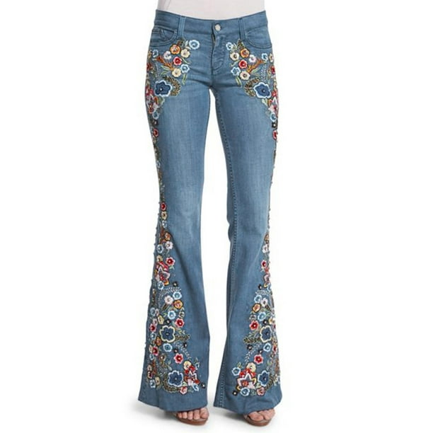 Women's Bell Bottom Jeans High Waist Floral Embroidery Stretchy Pull-On  Flare Denim Pants Casual Distressed Trousers