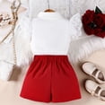 thumbnail image 5 of IFNWSV Girls 2 Piece Outfits Set Toddler Solid Color Lapel Lace Flutter Sleeve Top Casual with Irregular Skirt Pants Red 3-4 Years, 5 of 6