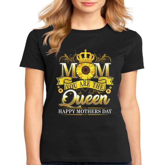 Women's T-shirt Happy Mother's Day Shirt You Are The Queen With Sunflower Casual Short Sleeve Tops Black 2X-Large