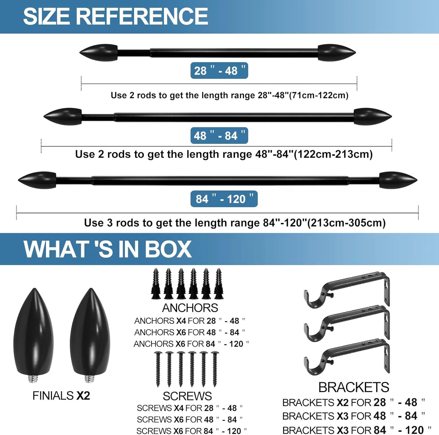 Urbanest Adjustable Single Curtain Rod Set Bullet Finials – 5/8-Inch Diameter, With Black Rod, 28–48 Inches