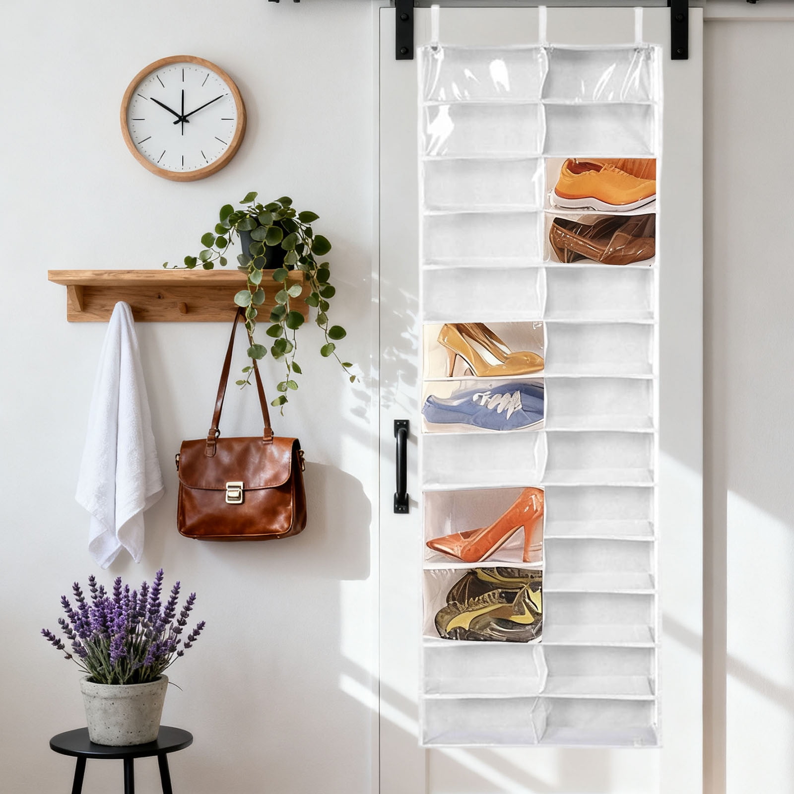 Hoodie Sweatshirt Storage Hack, Door Hanging Shoe Rack Organizer, 26-Pocket Clear Holder, Pockets Wall Shoes Bag, Portable Closet Wardrobe, 63" L X 22" W X 6.3" H, Cabinet Behind The Doors (White)