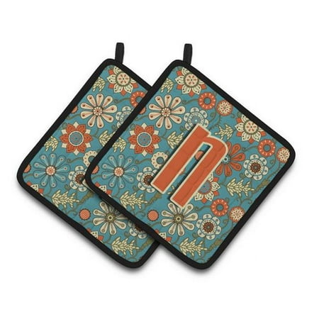 

Letter N Flowers Retro Blue Pair of Pot Holders