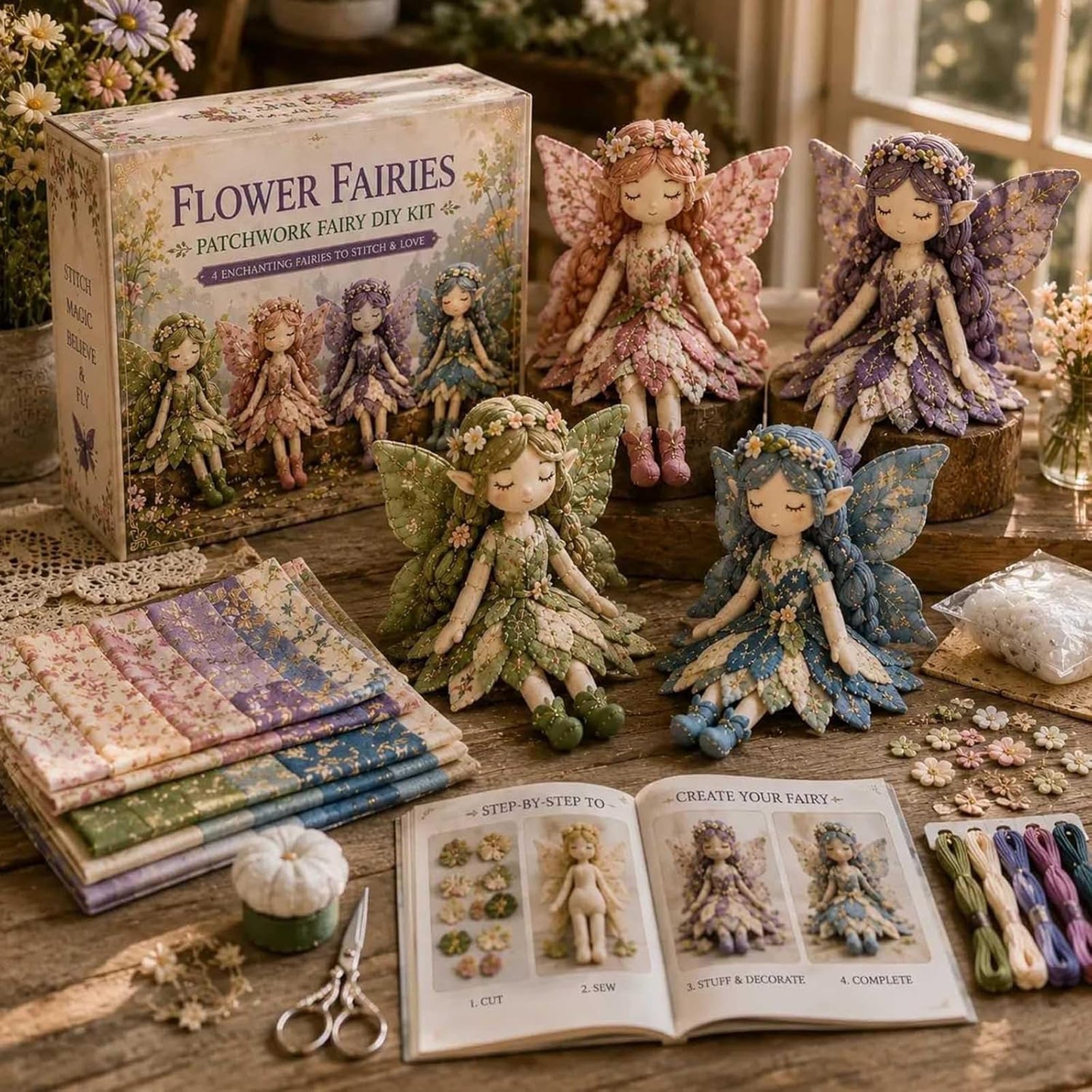 CYFW Fairy Patchwork Diy Collection Flower Fairies Kit to Make 4 Winged Elf Dolls Artisanal Fabric Nymph Sewing Project Style a
