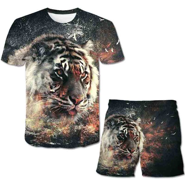 Conjuntos de ropa de tigre para niños y niñas, camisetas de verano para niños + pantalones cortos de cintura elástica, ropa informal de dos piezas de dibujos animados, trajes 5T Gao Jinjia LED