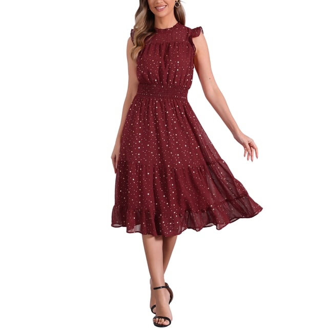 Vestido de gasa sin mangas para mujer Inspire Chic con cintura fruncida y estrellas metálicas doradas, vestido de fiesta rojo oscuro XS