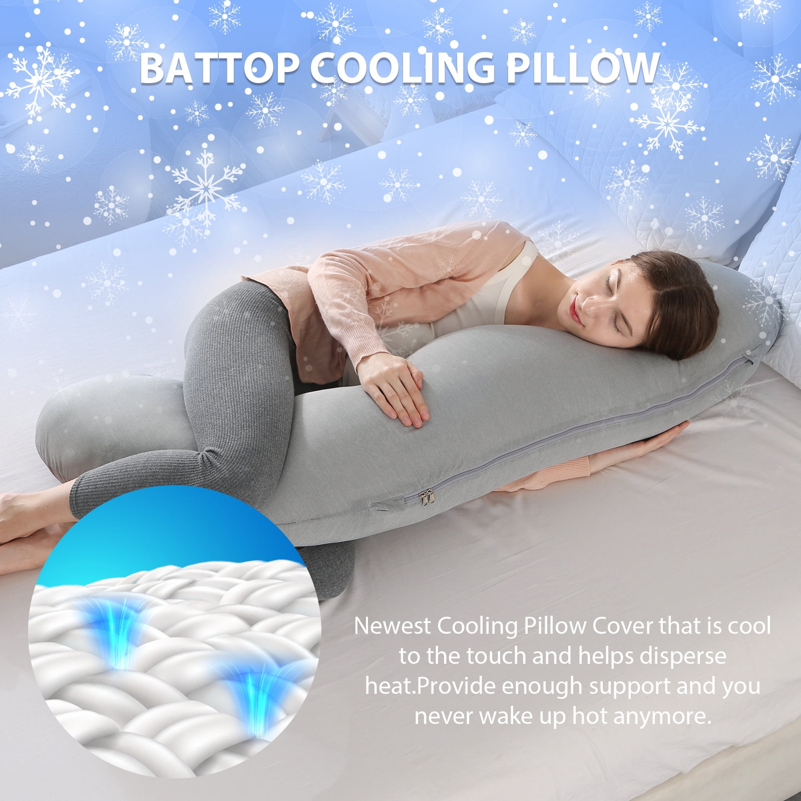 BATTOP Pregnancy Pillow with Cooling Cover,J Shaped Maternity Body Pillows for Pregnancy,Support for Back,Legs,Belly,Hips,Grey