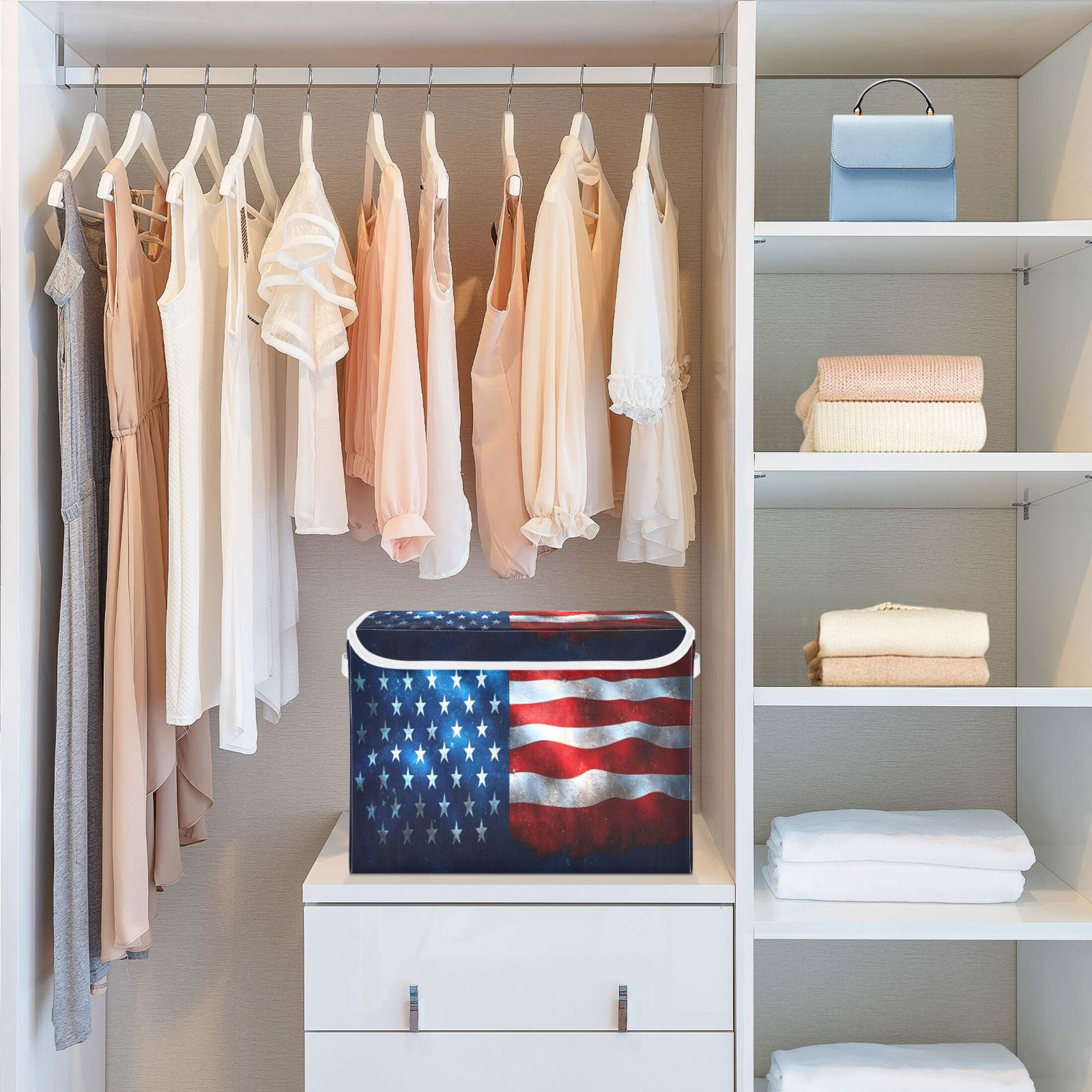 Ryvnso American Flag Large Lidded Foldable Storage Baskets Cubes Boxes Lids Bin for Home