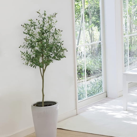 Realistic Artificial Olive Tree in Pot – 6ft Tall Faux Black Olive Plant with Lifelike Leaves & Fruits – Large Fake Potted Olive Silk Tree for Indoor Living Room, Office, Home, Balcony