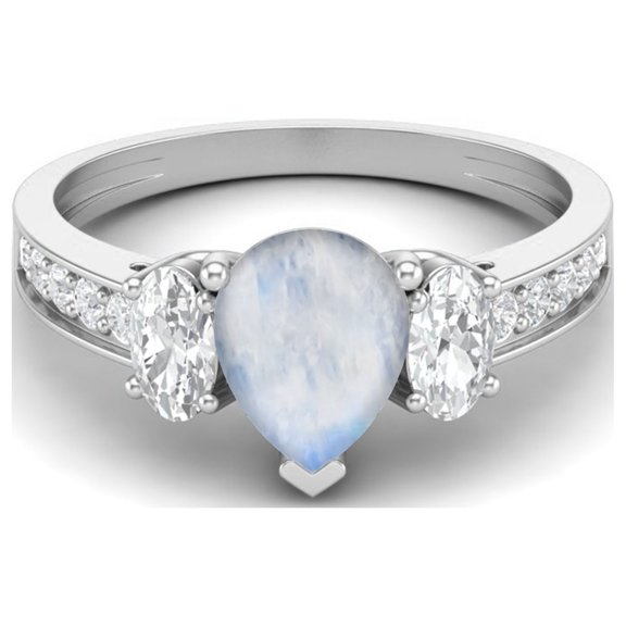 925 Sterling Silver 1.7 Cts Pear Moonstone Three Stone Accent Women Valentines Day Gifts Ring