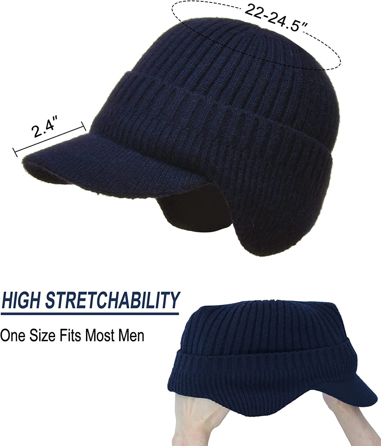 Men's Winter Visor Hat Beanie Hat with Earflaps Knitted Baseball