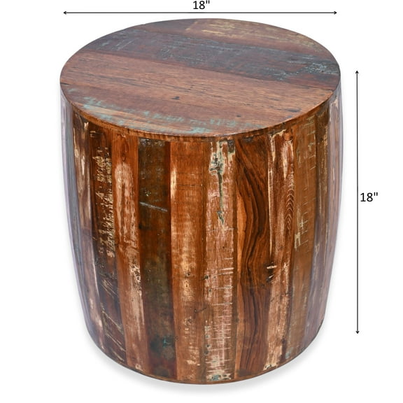 Reclaimed Wood round Drum Barrel shaped 18 inch Side table, Accent Table, End Table or Plant Stand. Rustic Natural Finish Rustic