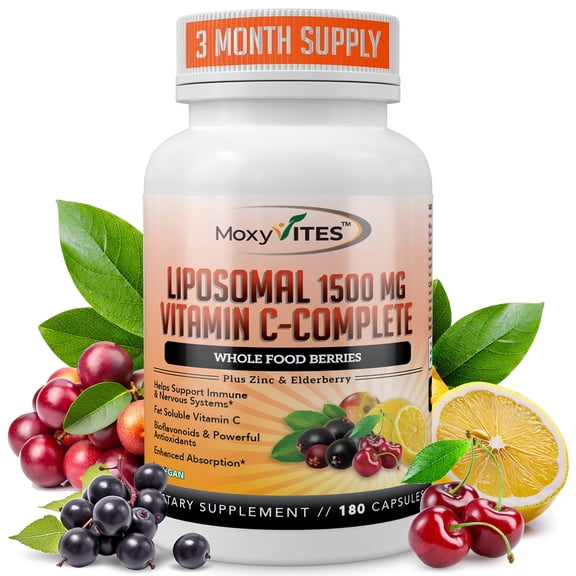 MoxyVites Liposomal Vitamin C 1500mg with Zinc and Elderberry for Immune Support, Vegan, Gluten-Free, 180 Capsules