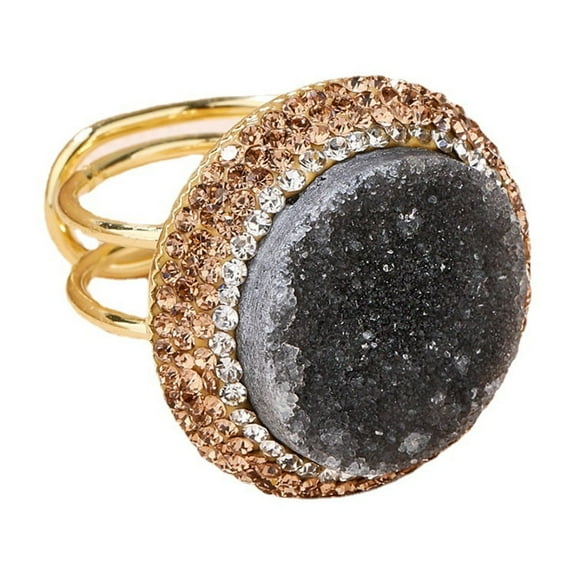 Natural Agate Druzy Adjustable Ring Raw Crystal Geode Round Gold Plated Statement Ring for Women, Boho Healing Jewelry