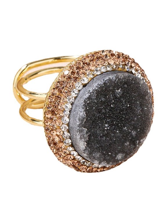 Natural Agate Druzy Adjustable Ring Raw Crystal Geode Round Gold Plated Statement Ring for Women, Boho Healing Jewelry