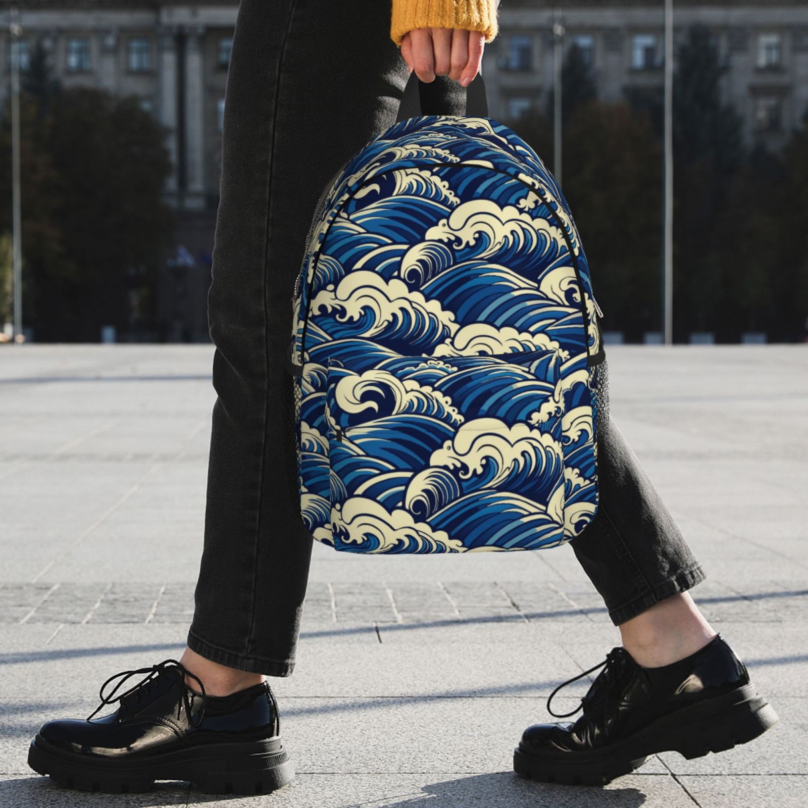 Rateoe Japanese Water Wave Pattern Student Backpack Water-resistant Backpack 15-inch Laptop Backpack Lightweight Adjustable School Backpack