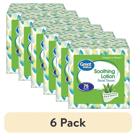 (6 pack) Great Value Soothing Lotion 3-Ply Cube Box Facial Tissues (75 Total Tissues)