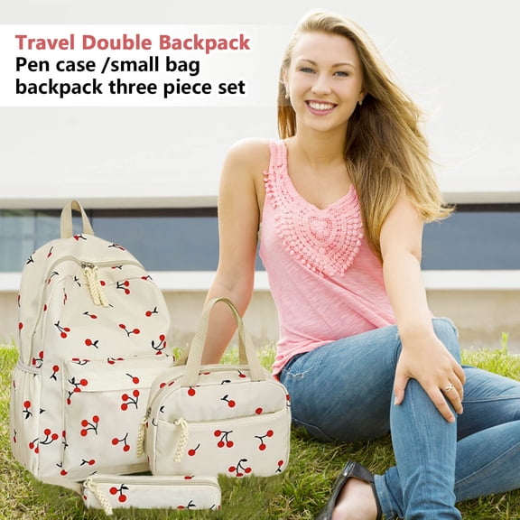 Lumtrix 3 PCS Cherry Print Bookbag for Teens, Cute Backpack for Teens & Teens Going Out Casual Bag White