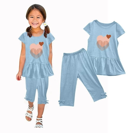 

Ismonst Little Girls 2 Piece Summer Outfits Flutter Sleeve T-Shirt and Cropped Capri Leggings Kids Clothes Short Sets 1-10Y