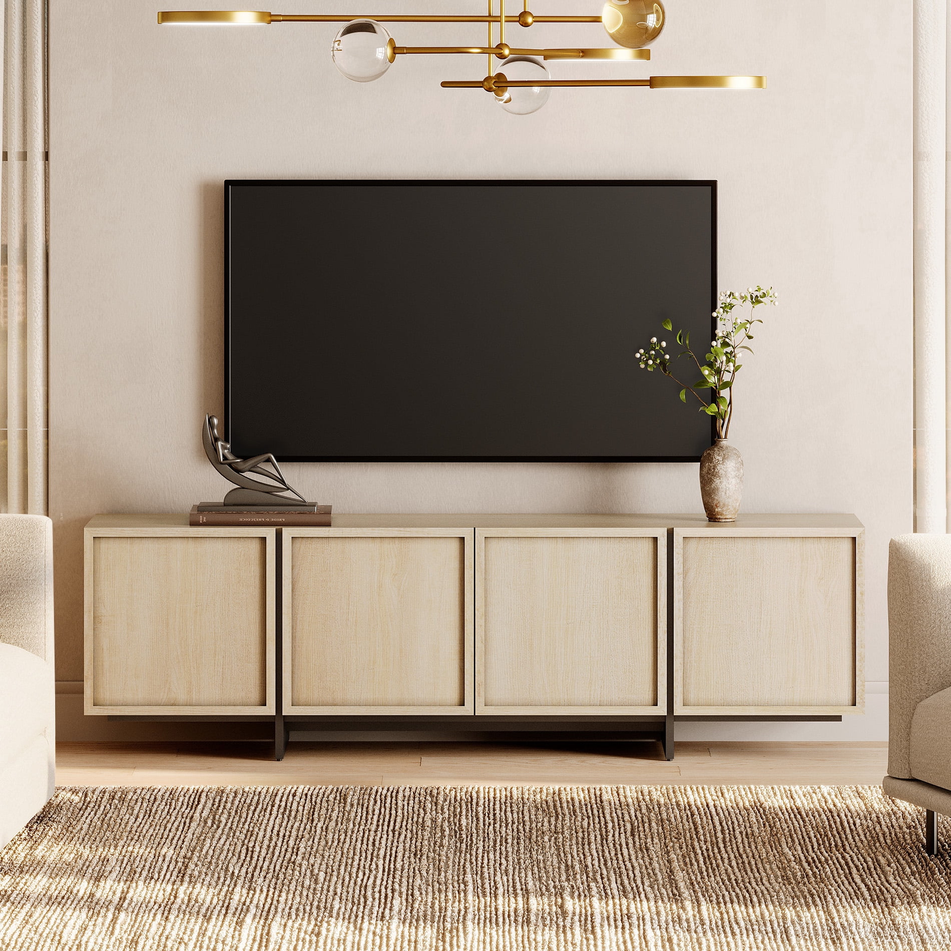 Modern TV Stand - Media Console Table for 32-75 inch TVs, Wood Entertainment Center with Storage Cabinets for Living Room，Beige