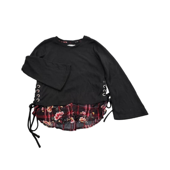 Womens Black Layered Look Lace-Up Side Plaid Floral Long Sleeve Sweater Top S