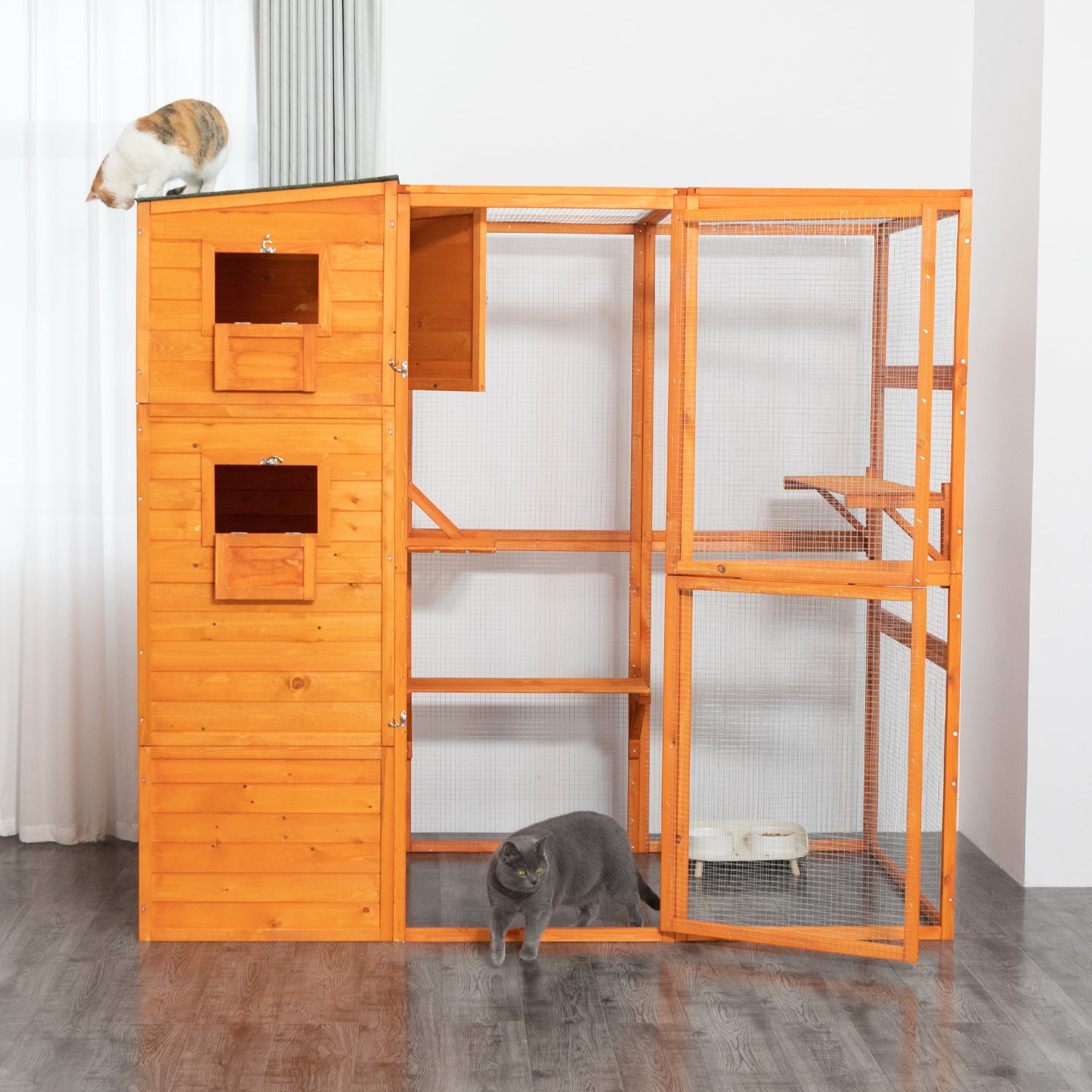 Outdoor Catio for Cat, 70''H Wooden Cat Enclosure, Large Indoor Cat House Pet Cave with Waterproof Roof, Platforms, Resting Box, Orange