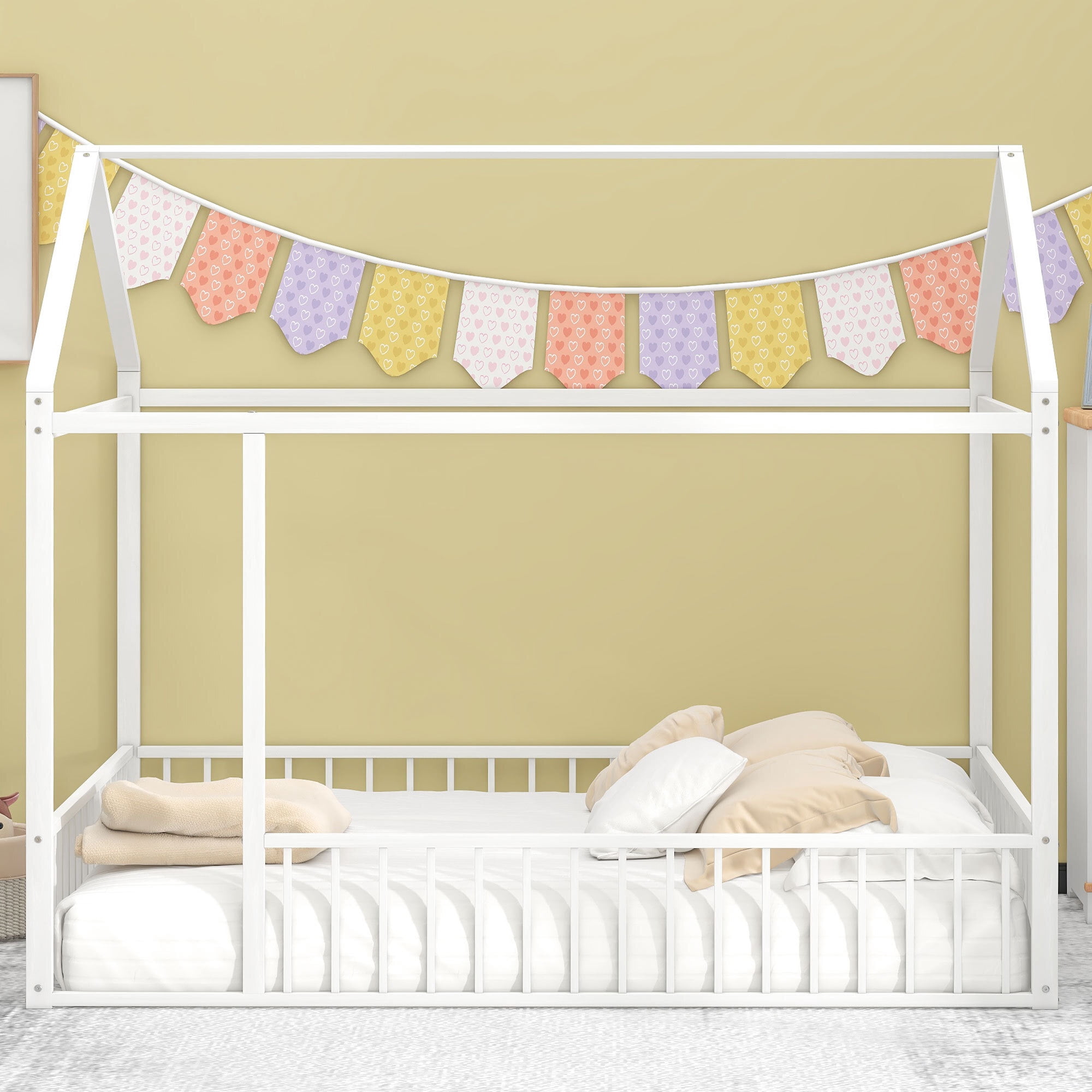 Full Size Montessori Floor Bed, Metal House Bed Frame for Kids, Kids Floor Beds with Fence Guardrails, Playhouse Bed for Kids Boys Girls
