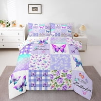 Homewish Chic Butterflies Full Size Comforter Sets,Patchwork Geometric Checkered Bedding Comforter Set,White Purple Bedding Sets For Girls Kids,Microfiber Bedroom Decor Reversible,3-Piece