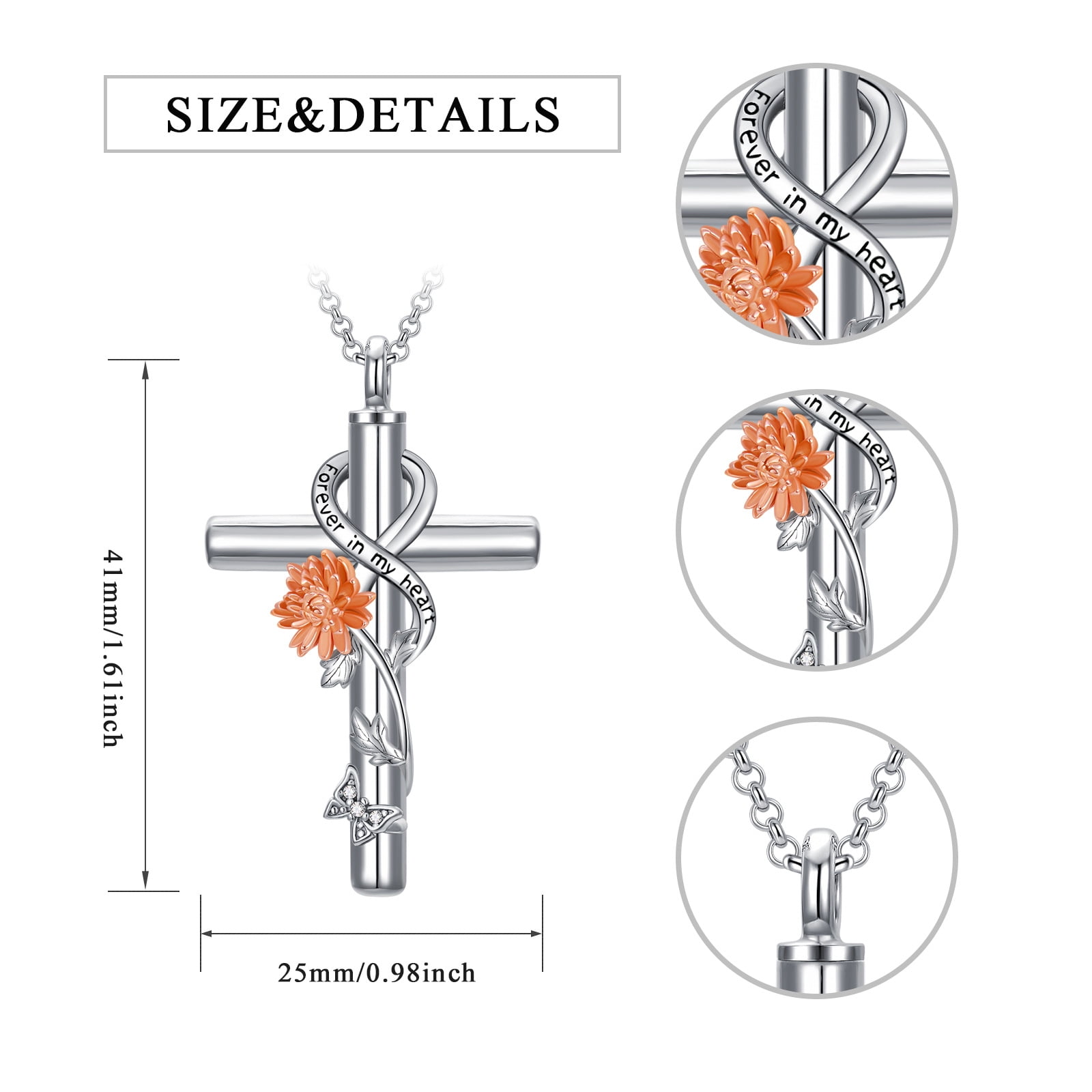 CACA LADY Chrysanthemum Cross Urn Necklace 925 Sterling Silver Cremation Jewelry with Funnel