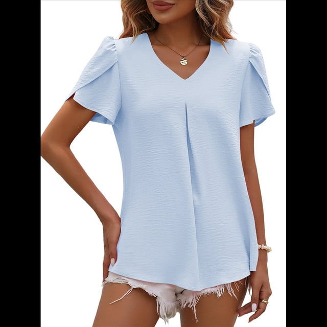 Blusas Elegantes de para Mujer, de Verano, con Pétalos Abullonados, Mangas , Cuello en V, Blusas Informales de Trabajo Azul XL