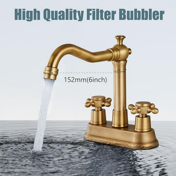 4 Inch Centerset Bathroom Sink Faucet Vintage 2 Cross Handles Mixer Tap Basin Vanity Lavatory Utility for Sink 3 Hole Include Water Hose Pop Up Drain with Metal Cover Antique Brass