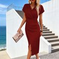 thumbnail image 6 of Quixlent Women's Bodycon Midi Dress Short Sleeve V Neck Ruched Cocktail Party Dress Formal Slit Office Work Business Outfit, 6 of 8